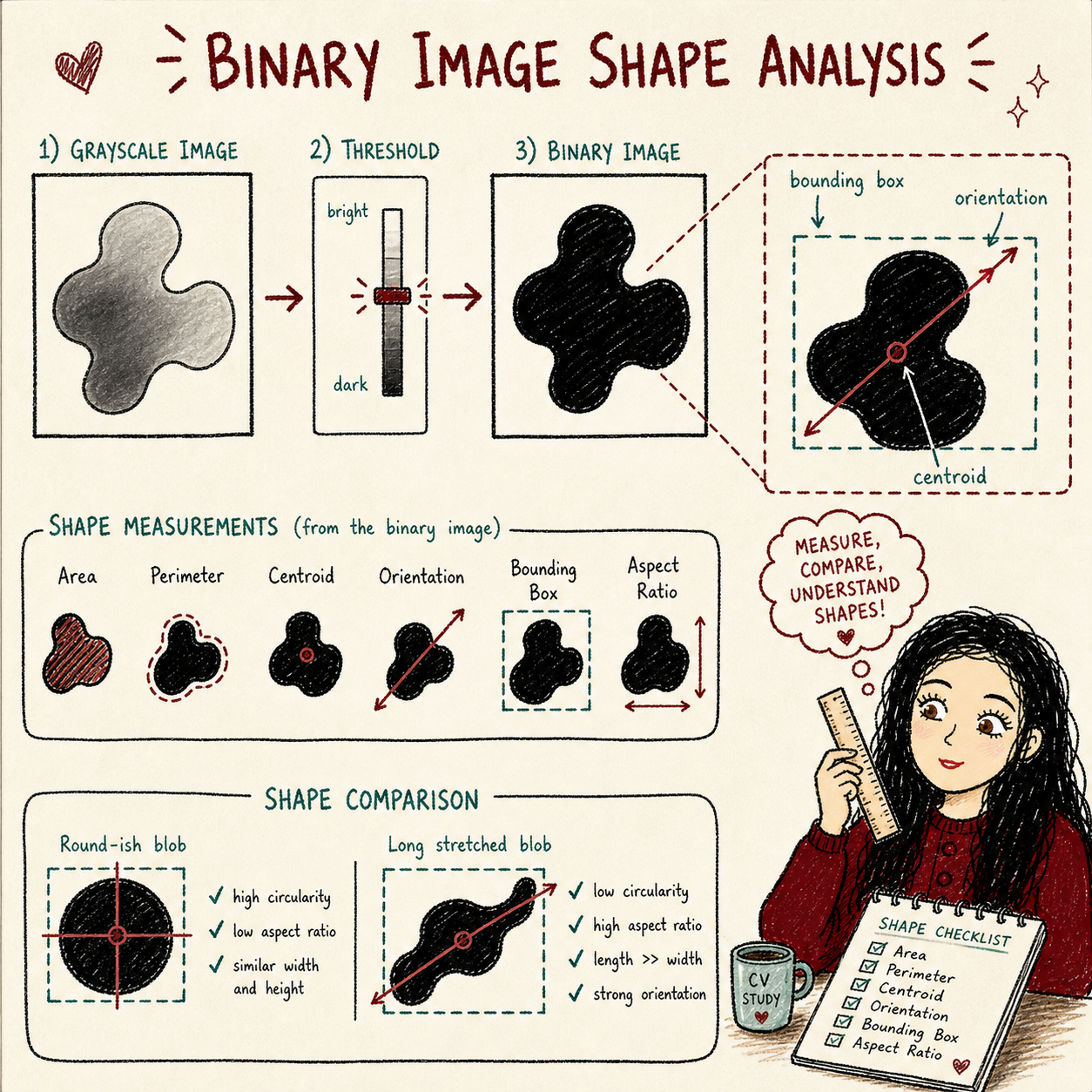 Visual story for thresholding and binary shape measurements